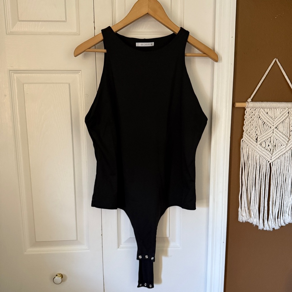Reoria Black High Neck Double Lined Cheeky Bodysuit / Size XL